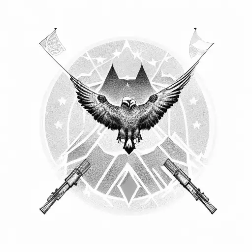 An Eagle With Guns Flying Over A City
