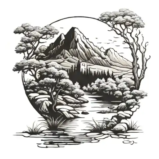 A Serene Landscape Painting With Hidden Biblical References Subtly Incorporated Into The Scenery