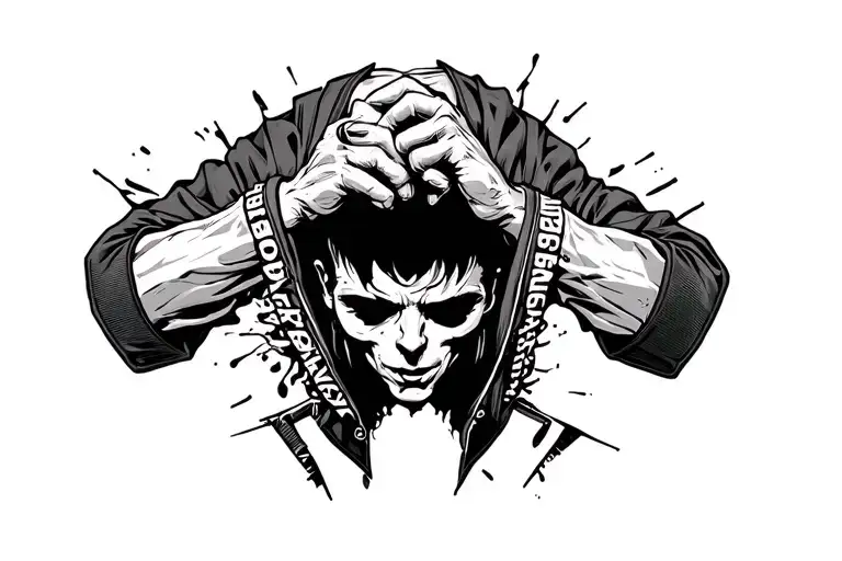 Broad Shoulders Tearing Thru A Straight Jacket With The Word Broad Shoulders In Back Ground