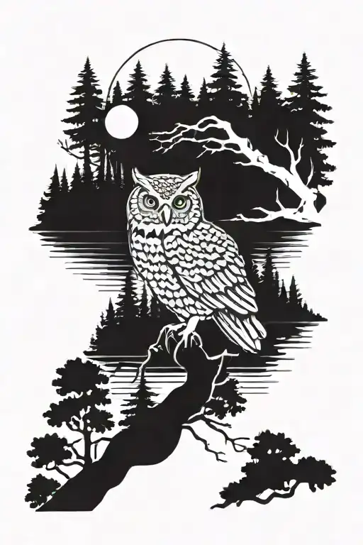 Owl And Woods And Lake Surrounded