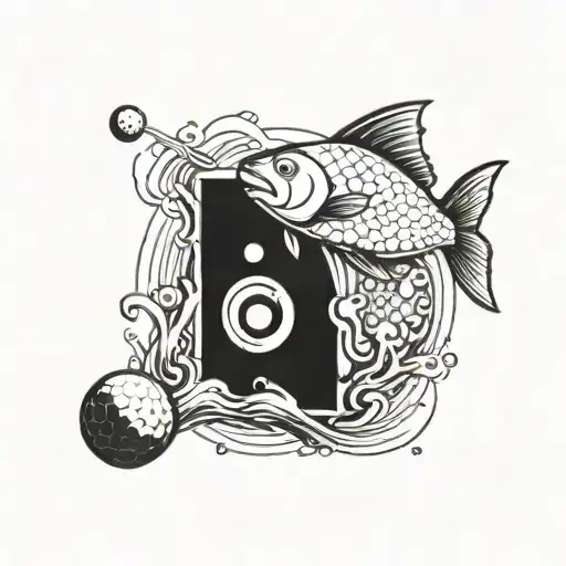 A Pixelated Fish Jumping Out Of A Golf Hole With Video Game Elements In The Background