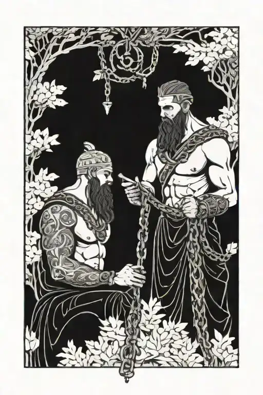 Scandinavian Gods With A Chain On A Forest Background