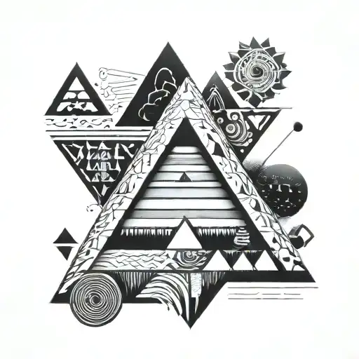 A Pyramid Made Out Of Skateboards With Black Geometric Shapes Inside