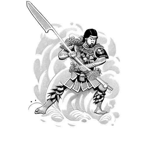 Hawaiian Warrior Holding A Sword In A Blackwork Style