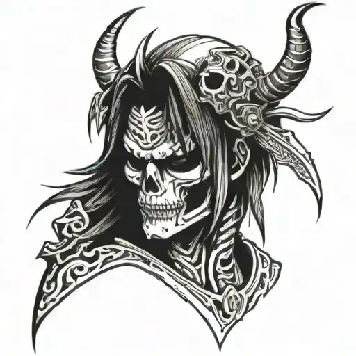 Half Of The Demon's Head They Are The Other Half Of The Samurai Skeleton In Sketch Style