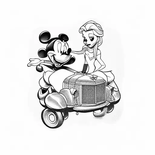 Elsa And Mickey Mouse Riding In A Vintage Car Together