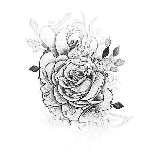 A Black And Grey Tattoo Of A Suspenseful Scene With Hidden Floral Details