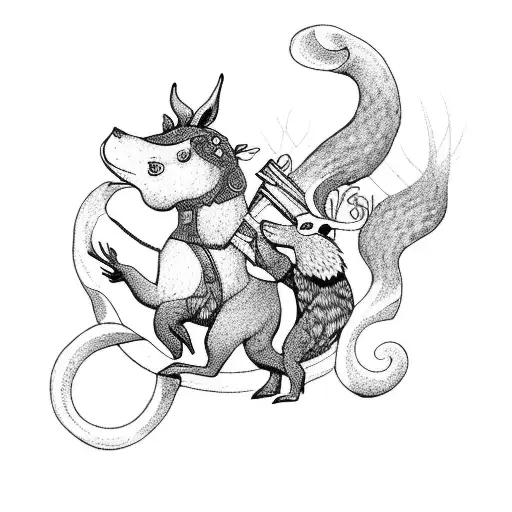 Whimsical Woodland Creatures Leading A Viking Woman On A Magical Journey Through Nature