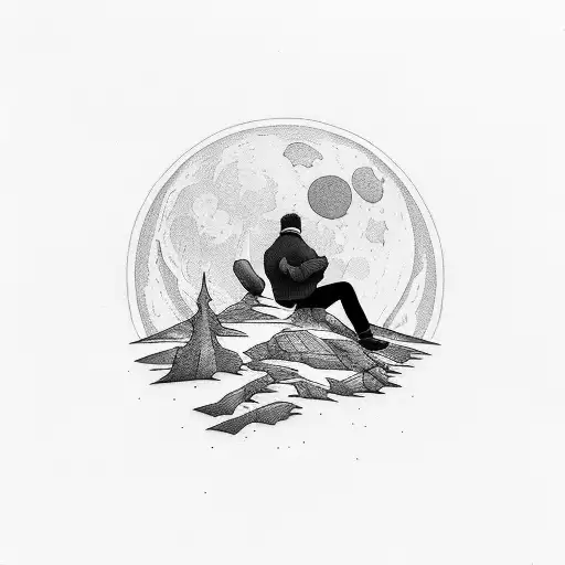 Tired Man Sitting On A Eddge Of A Mountain With Big White Moon In The Sky