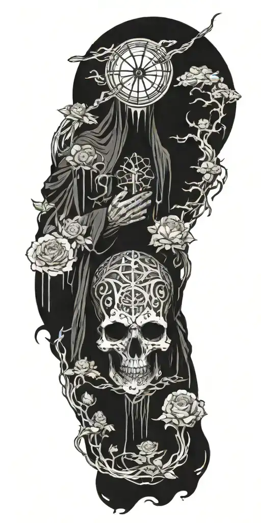 A Mystical Religious Figure Surrounded By Elements Inspired By Iconic Horror Movies