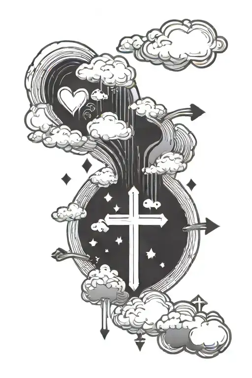 Clouds With Cross And Hearts And Downward Arrow Going