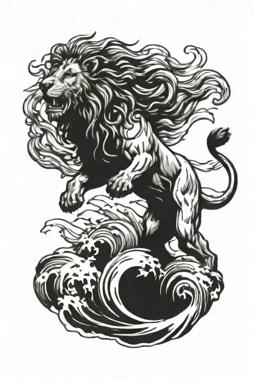 Lion Crossing The Ocean Wave