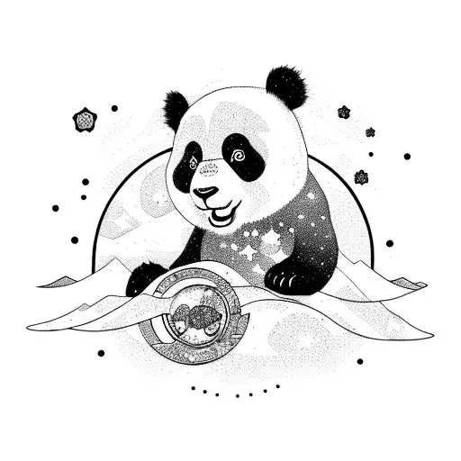 Panda Bear Snowboarding Through Outer Space With Stars And Moons