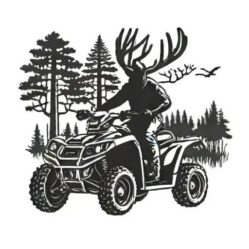 Four Wheeler Silhouette Driving Through A Forest With Deer Antlers Hanging From The Handlebars