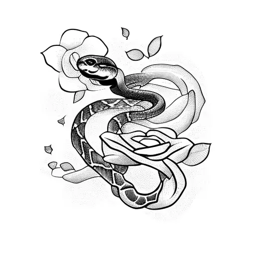 Snake Wrapped With Rose And Violet Flowers