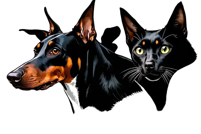 Fine Line Art Doberman Dog Head With Cropped Ears Silhouette And Cat Silhouette Next To Each Other