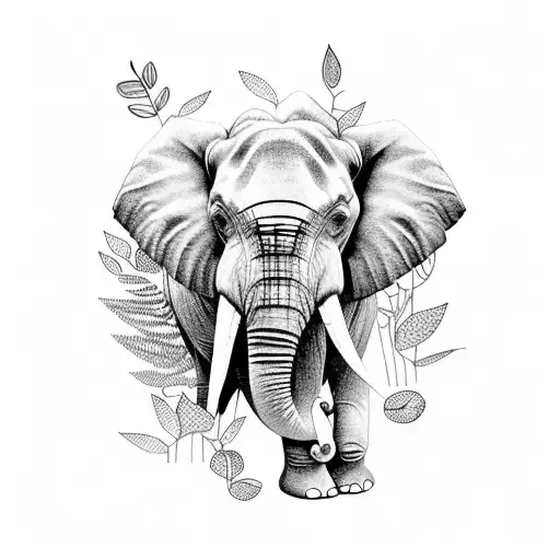 Elephant In A Jungle Setting With Vibrant Flowers And Plants