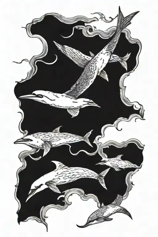 Gannets Diving Into The Water And Dolphins Swimming Under The Water With A Fish In Their Mouth