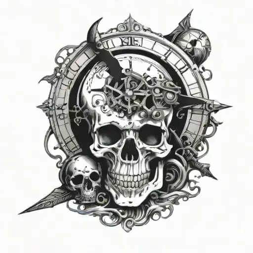 Skull With A Clock That Shows 6 O'clock And A Trident Passing Through It