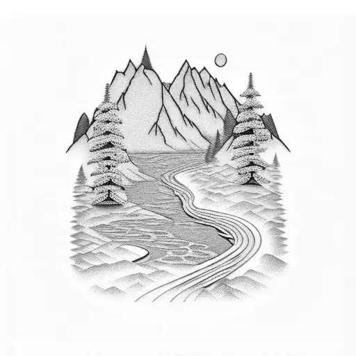 A Serene River Winding Through A Mountain Range With A Silhouette Of A Hiker In The Distance