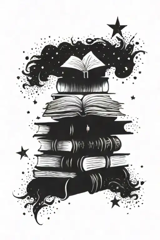 A Stack Of Books With Shimmering Star Dust Swirling Around Them