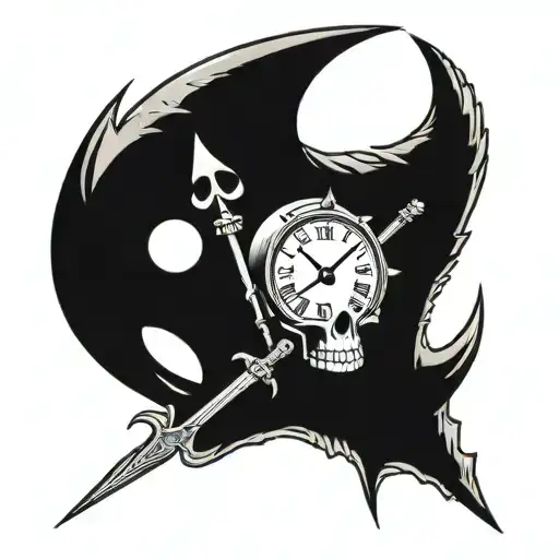 Neptune's Trident Passing Through A Skull That Has A Clock In Its Eye Marking 6 O'clock