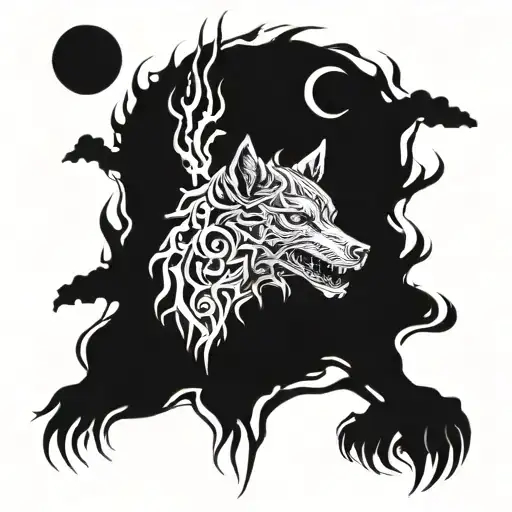 Eldrich Wolf Beast Made Of Body Parts Eyes And Bones On Fire With The Moon In The Background