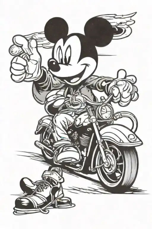 Mickey Mouse On Front End Of Motorcycle Flipping The Bird