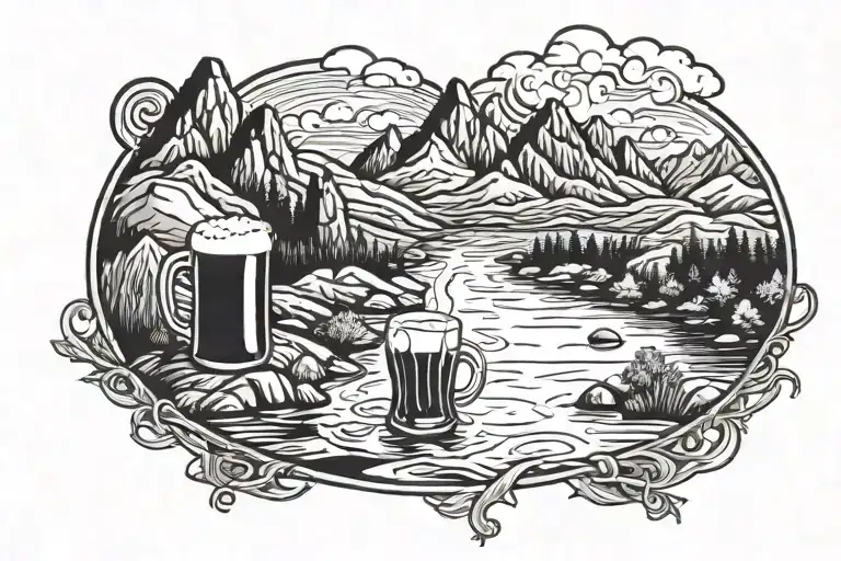 River Next To Some Mountains While Fishing And Drinking A Beer