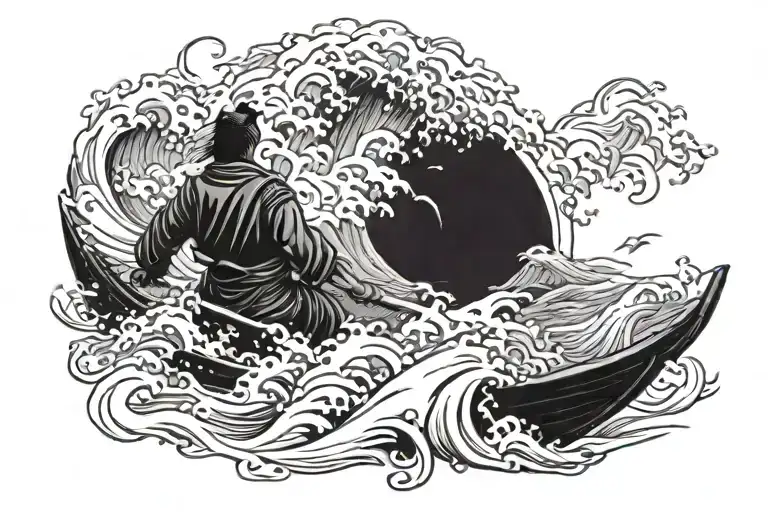 Samurai In Sea Weaves Alone In A Boat Seen From The Back Fighting Waves