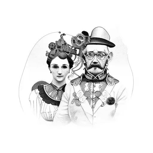 Portrait Of Grandparents In Steampunk Attire With A Lace Frame