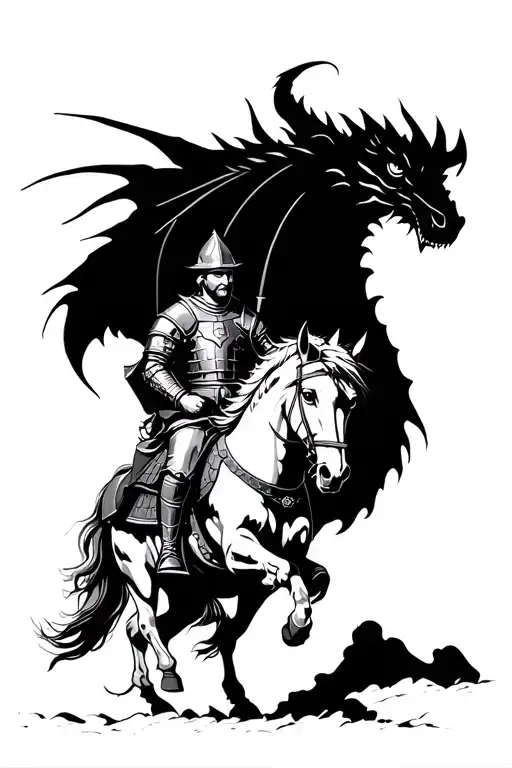 A Medieval Knight Riding A Horse And A Dragon In The Back