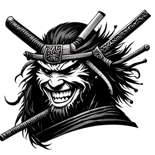 Severed Samurai Head Smiling With Katana Stabbing Through Head