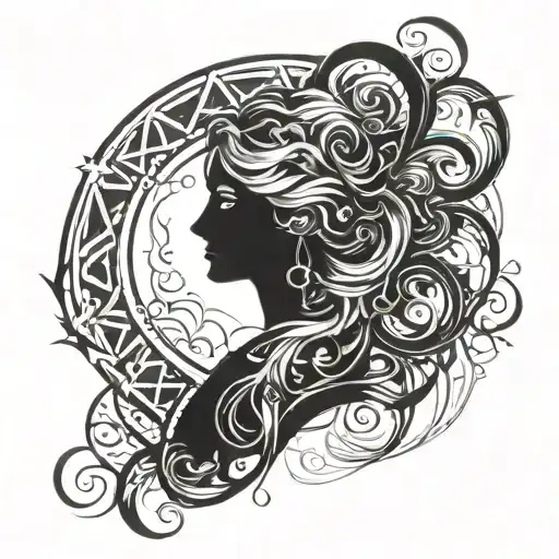 An Abstract Blackwork Tattoo Of A Woman's Silhouette Intertwined With Elements Of Greek Mythology
