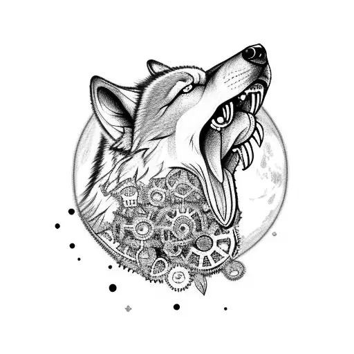 A Wolf Howling At A Full Moon Made Of Gears And Machinery