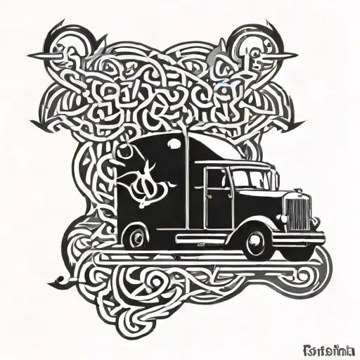 A Tribal Irish Knotwork Design Incorporating Elements Of Trucks And Speed Cars