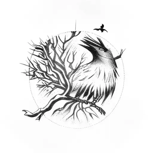 A Witchy Forest Scene With Crows And Ravens Perched On Branches