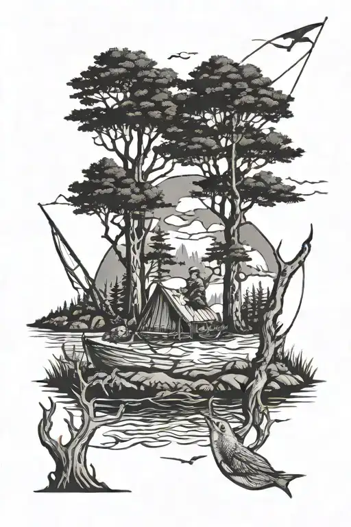 Trees Hunting Fishing Scene