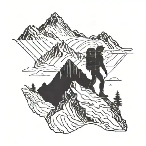 A Minimalist Blackwork Tattoo Of A Silhouette Of A Backpacker Exploring The Mountains Of New Zealand