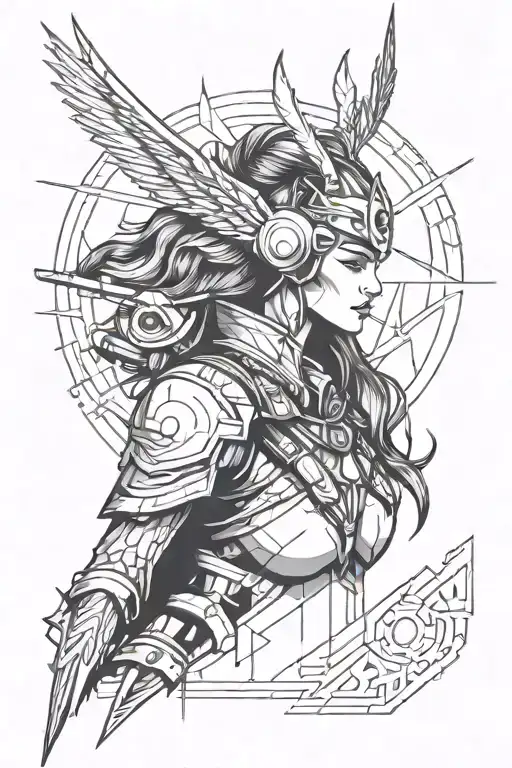 Combine Elements Of Techno Music And Norse Mythology To Create A Futuristic Valkyrie Warrior Dj