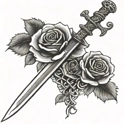 Celtic Knot With Sword Intertwined With Skulls And Roses