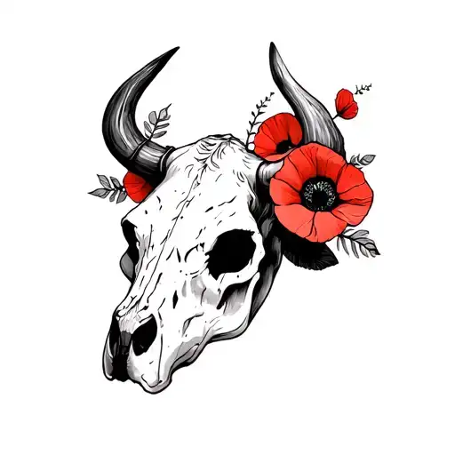 Cow Skull With Poppies On Its Horns