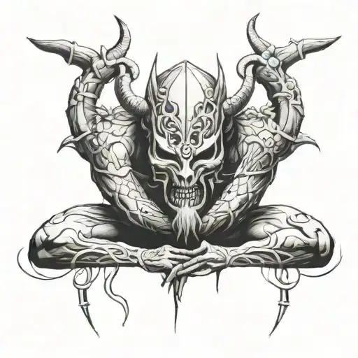 On His Knees The Mask Of A Demon