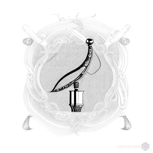 A Detailed Blackwork Tattoo Of A Fishing Rod And Reel With Musical Notes Intertwined In The Design