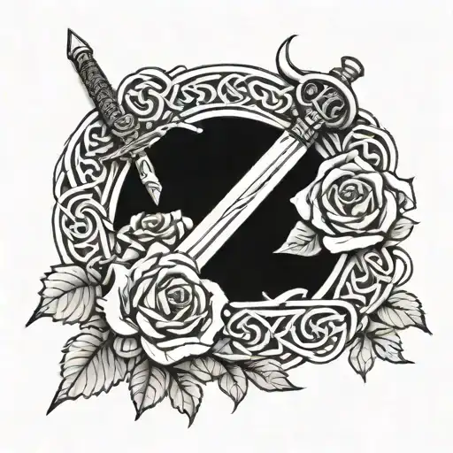 Celtic Knot With Sword Intertwined With Skulls And Roses