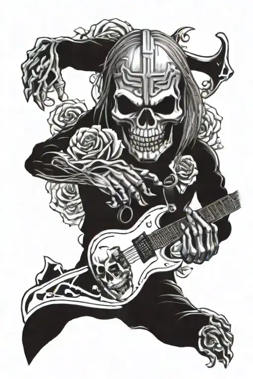 A Tattoo Design Incorporating Iron Maiden's Eddie Surrounded By Skulls And Roses And A Guitar