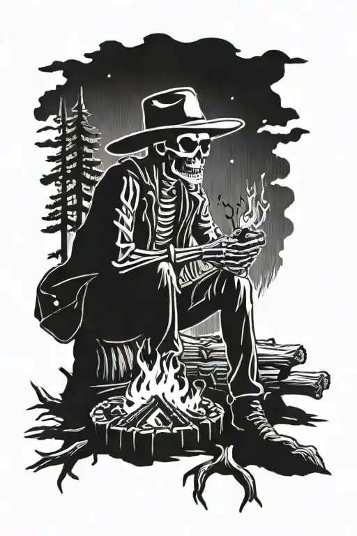 Skeleton Cowboy Sitting On A Log In Front Of Campfire