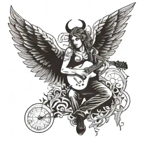 A Fallen Angel Lucifer Playing A Guitar Surrounded By Musical Notes And Symbols