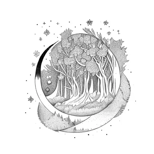 A Mystical Forest Scene With A Crescent Moon And Stars Shining Through The Trees