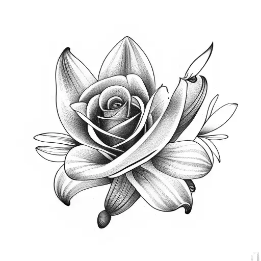 A Lily With A Bee And A Rose